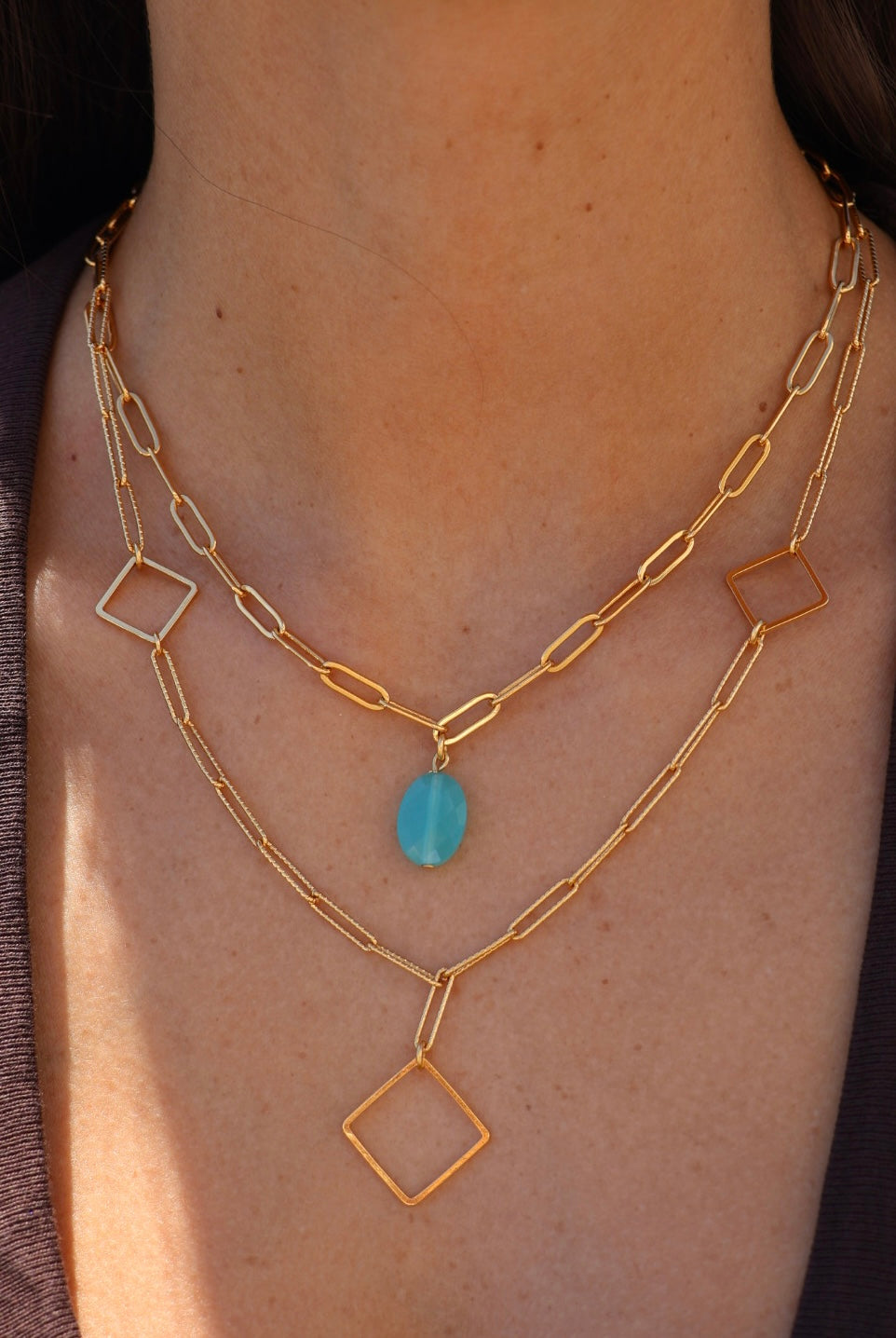 collier femme chaine et pierre bleu turquoise