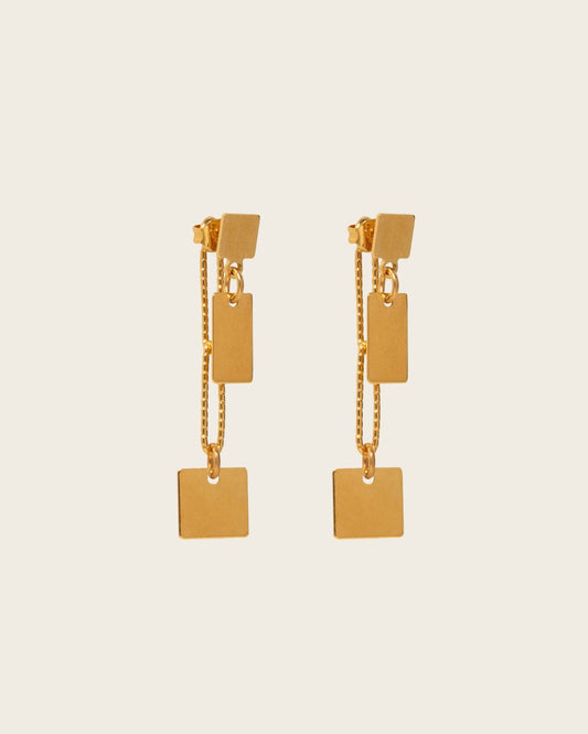 boucles d'oreilles longues avec carrés, rectangles et chaines dorées